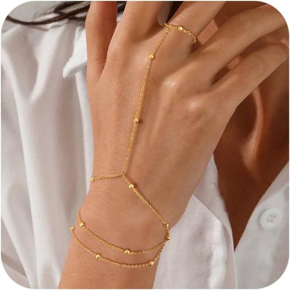 Gold Bracelets for Women, 14K Gold Plated/Silver Hand Chain Bracelet